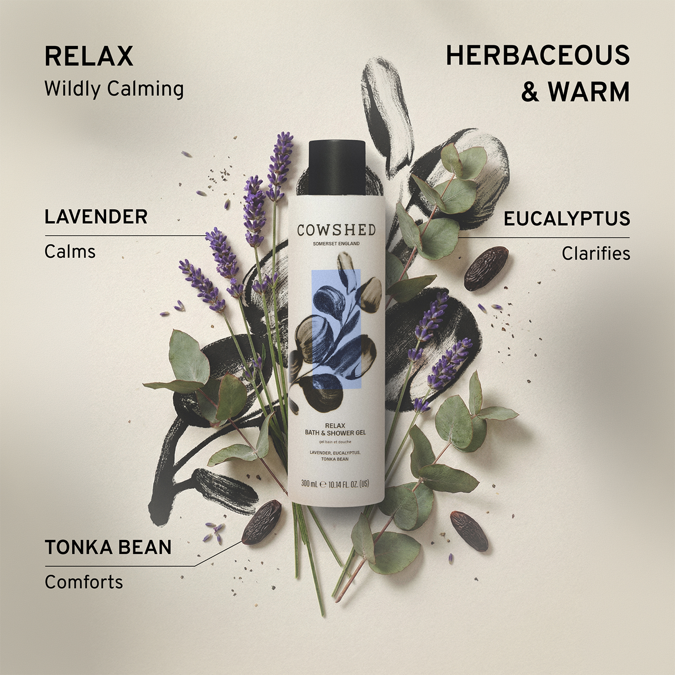 Cowshed Relax bath and shower gel bottle with lavender, eucalyptus, & tonka bean and text describing calming and comforting benefits on a light background