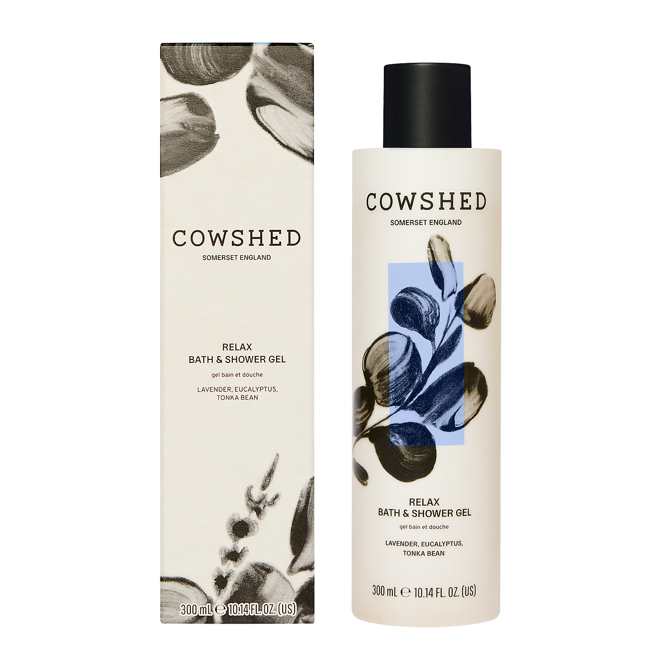 Cowshed lavender & eucalyptus bath and shower gel bottle and packaging on a white background