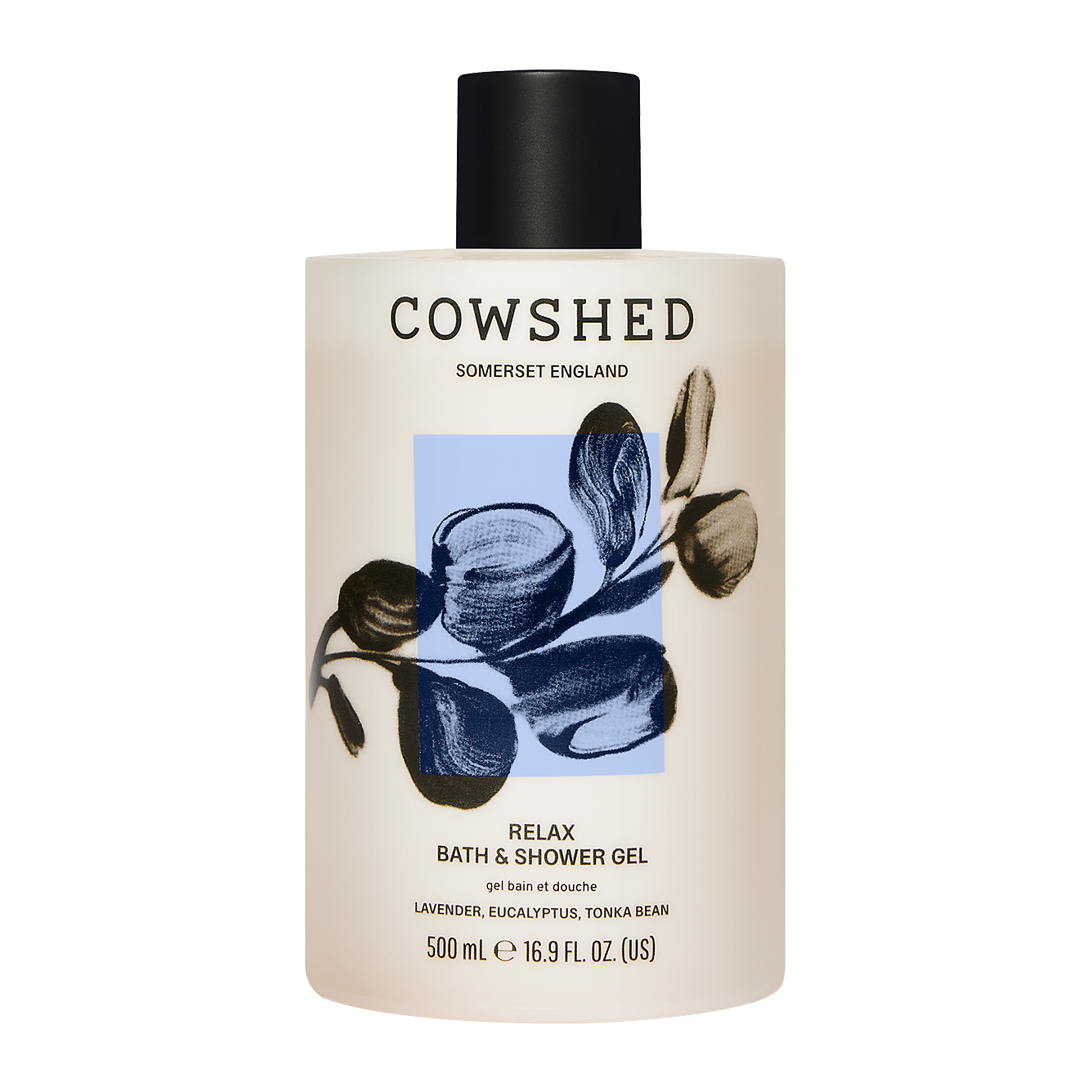 Cowshed lavender & eucalyptus bath and shower gel bottle on a white background