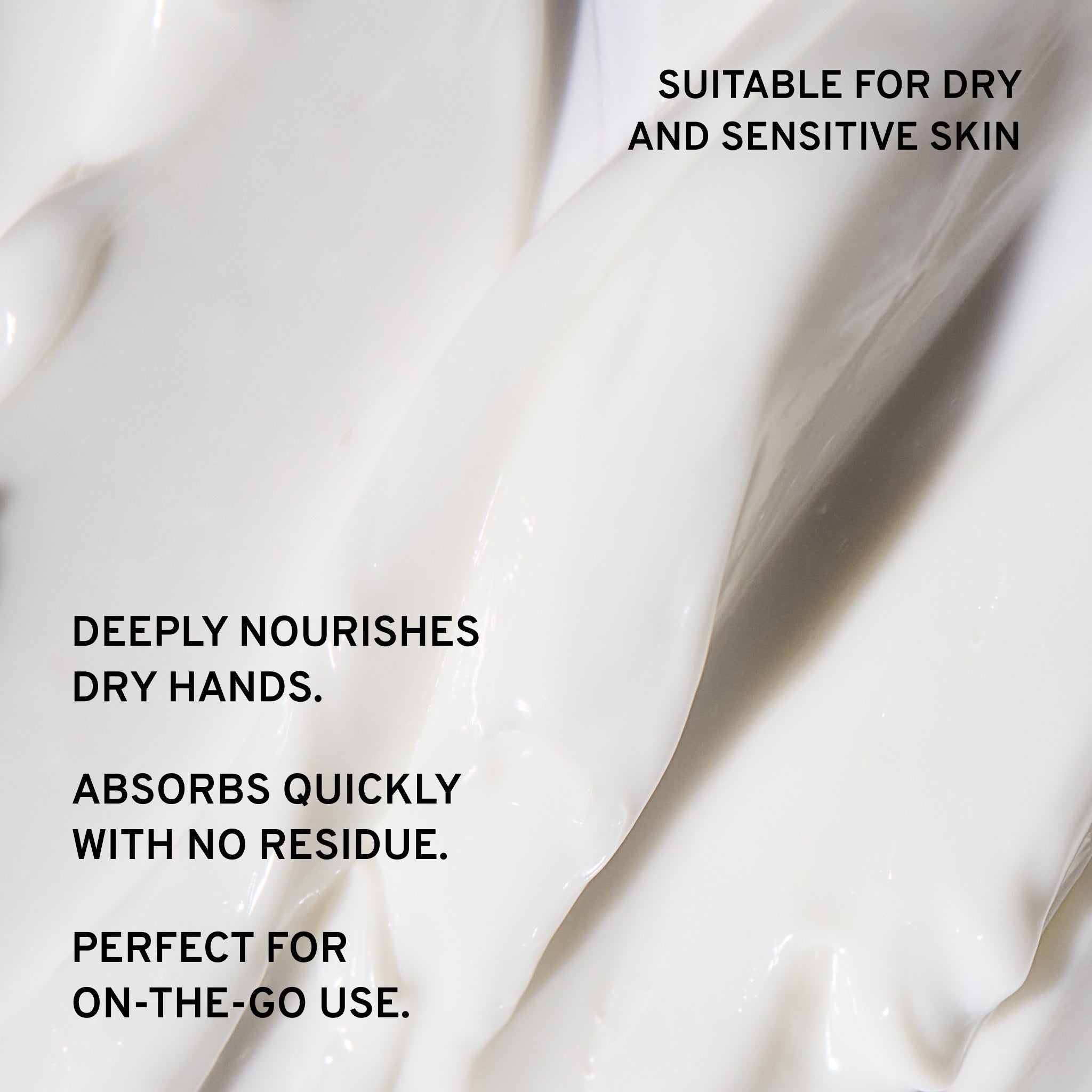 Close-up of white cream with text highlighting its benefits for dry and sensitive skin.