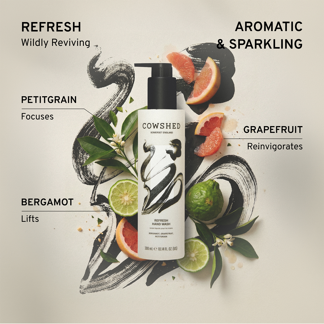 Cowshed Refresh hand wash 300ml bottle with text explaining it's aromatic & sparkling lifting scent