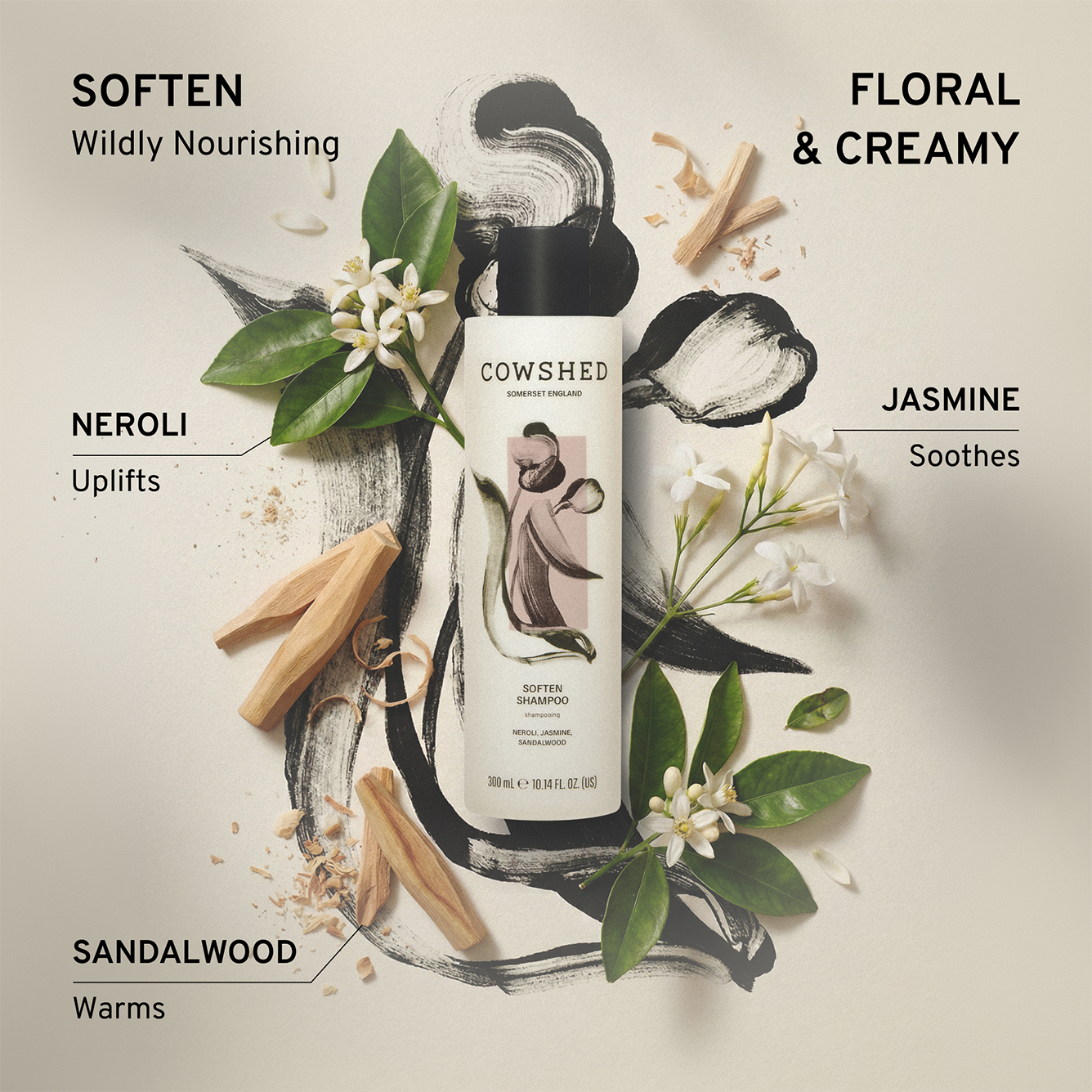 Cowshed moisturising Soften 300ml shampoo bottle with descriptions of the fragrance notes Jasmine (soothing), Sandalwood (warming), and Neroli (uplifting)