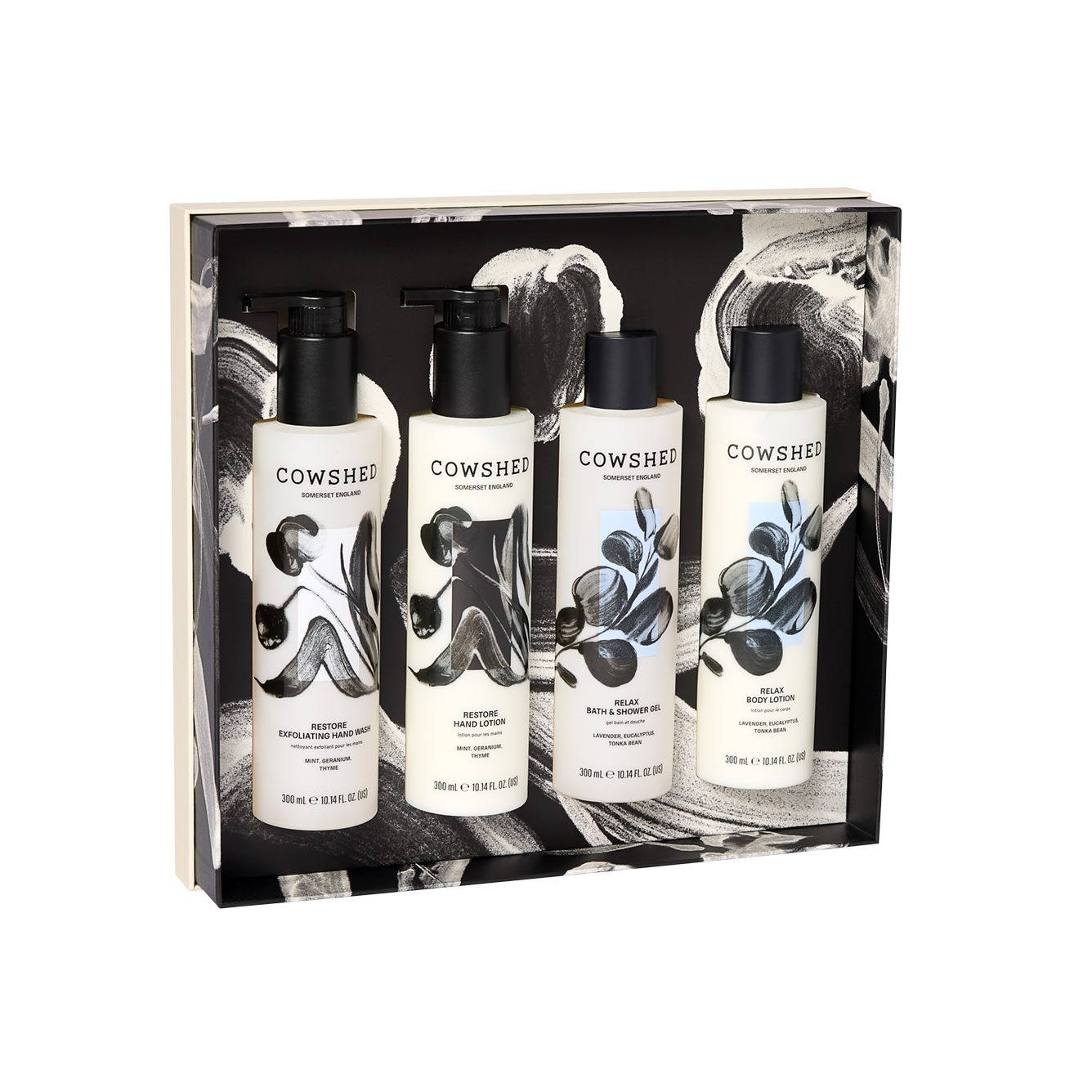 Cowshed product set in a decorative box with black and cream design