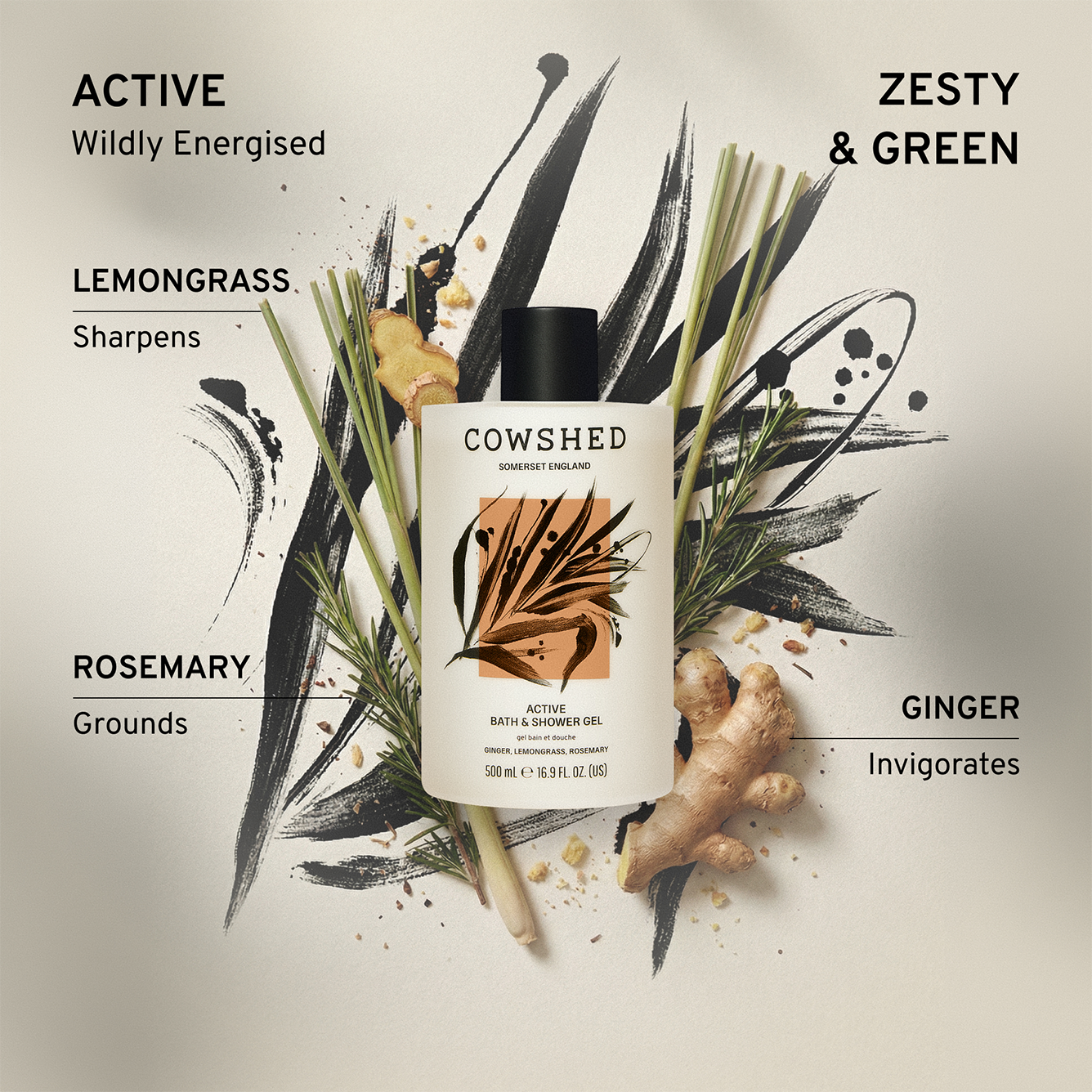 Cowshed Active 500ml shower gel with botanical elements and text describing it's zesty green scent