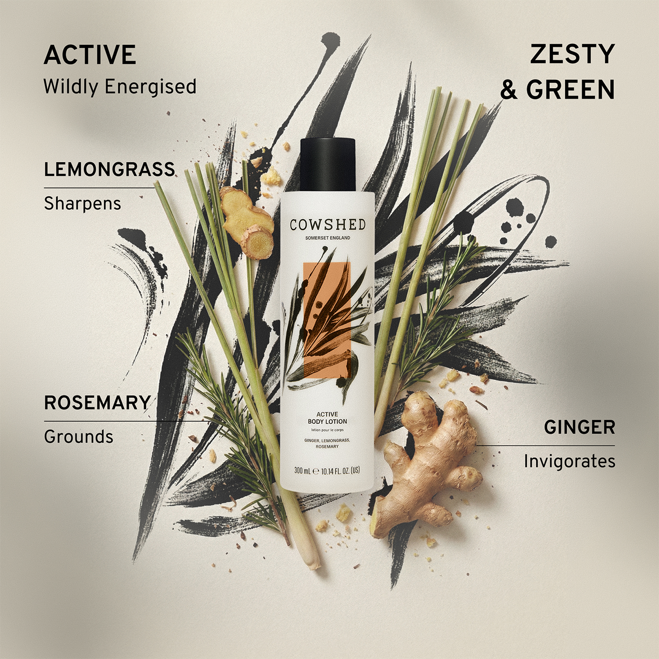 Cowshed Active Body Lotion with lemongrass, rosemary, and ginger elements on a neutral background