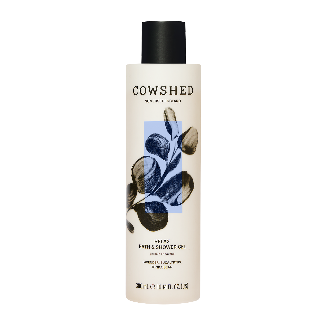Cowshed lavender & eucalyptus bath and shower gel bottle on a white background