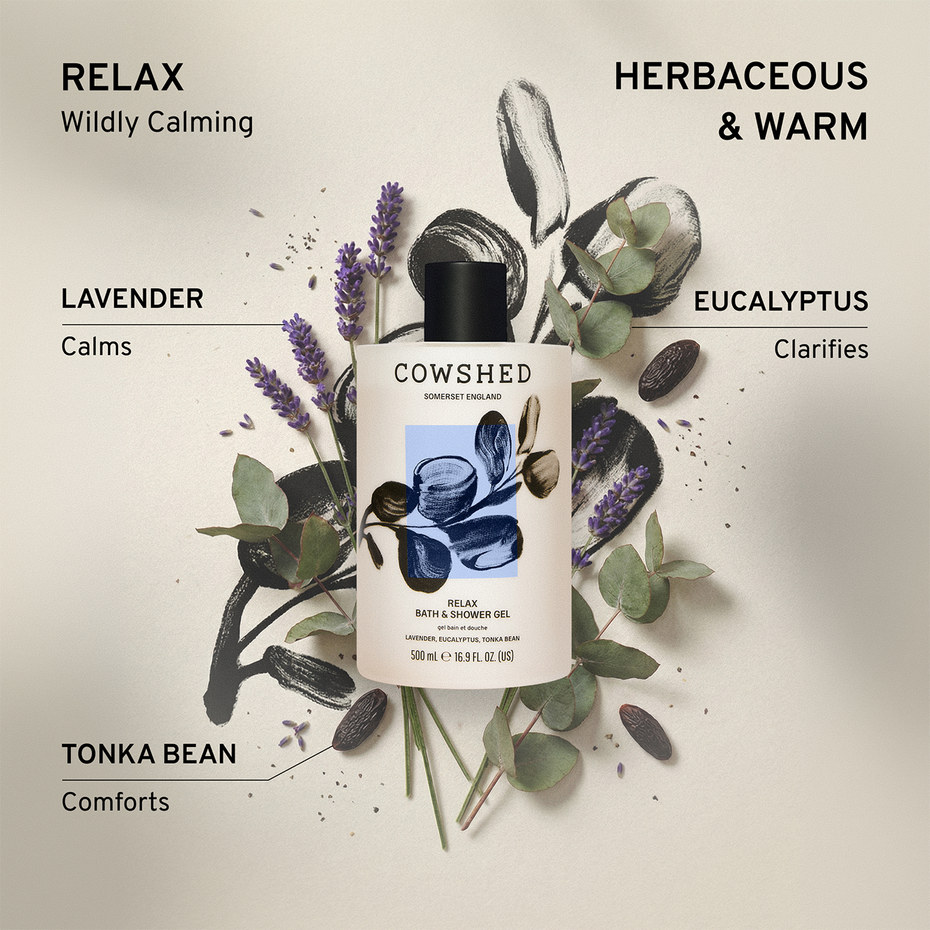 Cowshed bath and shower gel bottle with lavender, eucalyptus, & tonka bean and text describing calming and comforting benefits on a light background