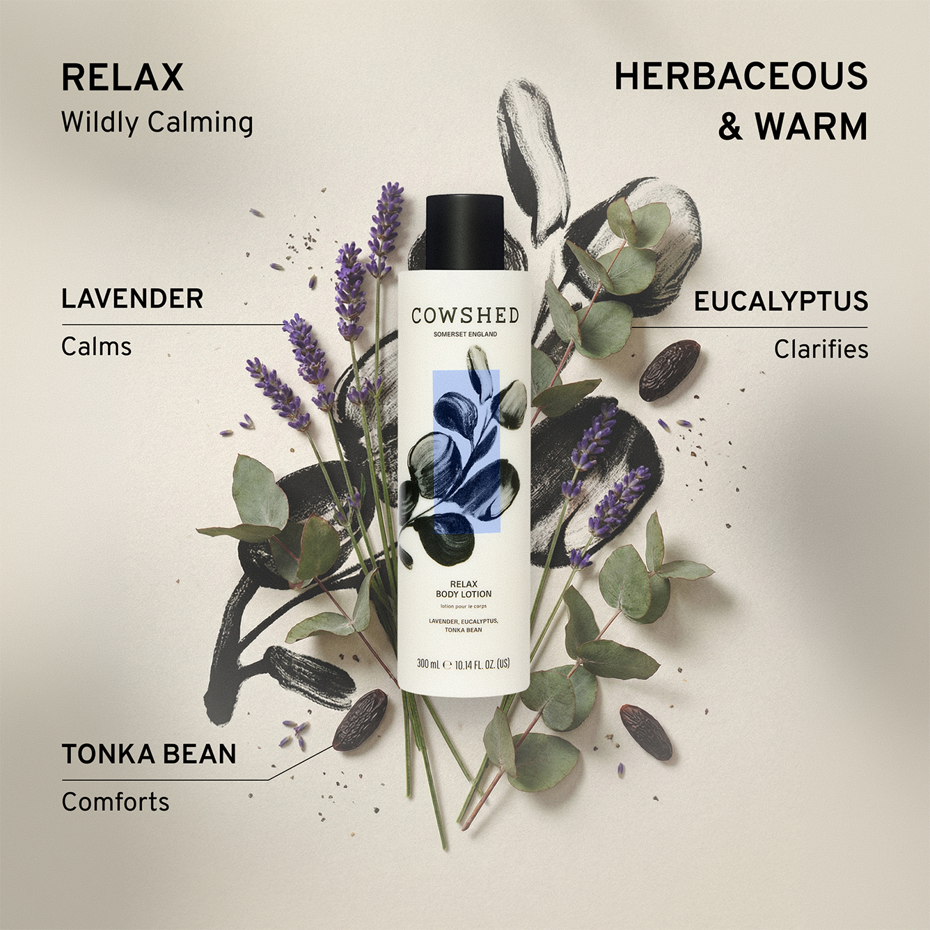 Cowshed product with lavender, eucalyptus, and tonka bean elements on a light background