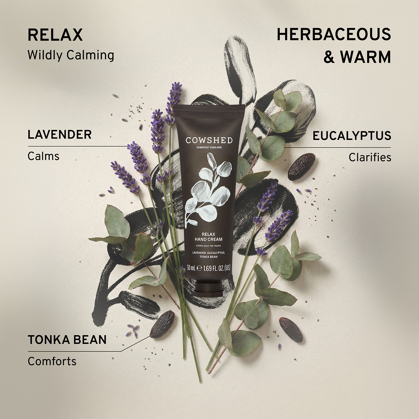 Cowshed Relax hand cream packaging & text explaining the herbaceous and warm scent