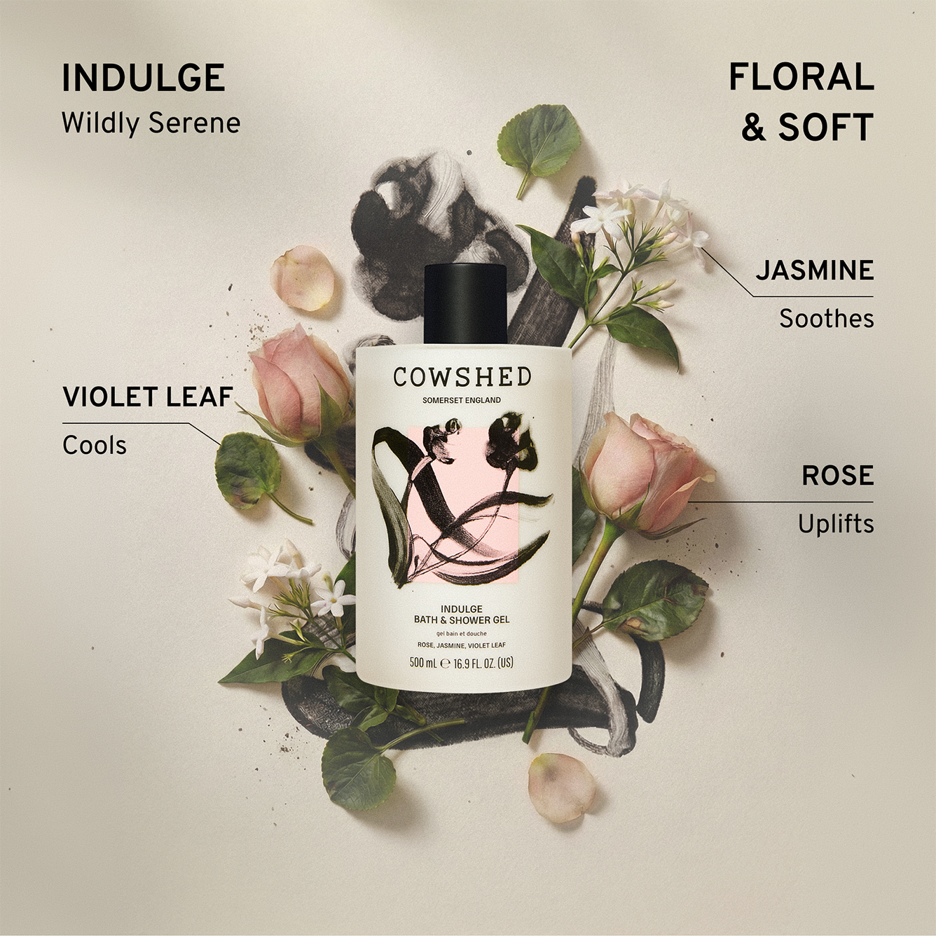 Cowshed Indulge 500ml shower gel with botanical elements and text describing it's floral and soft scent