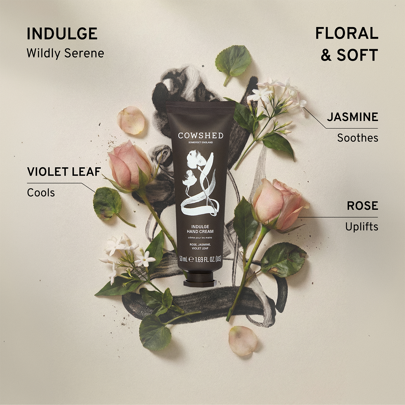 Cowshed Indulge hand cream packaging & text explaining the floral and soft scent