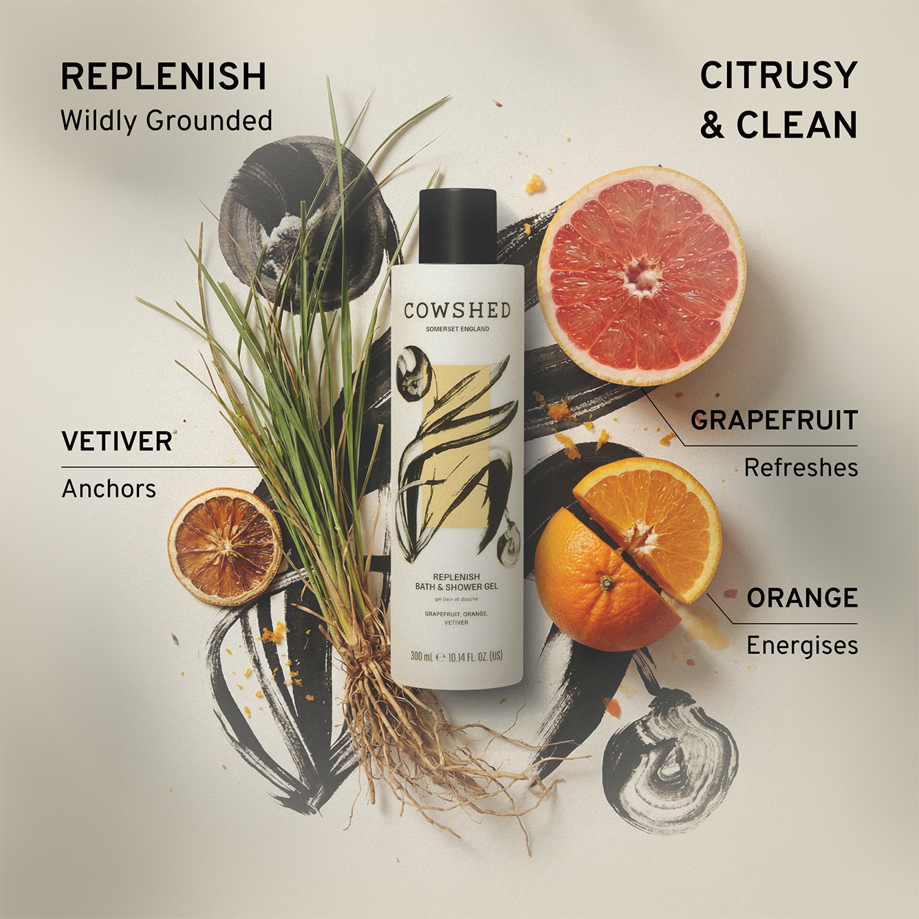 Cowshed Replenish shower gel image with vetiver, grapefruit, orange product  and text describing its properties