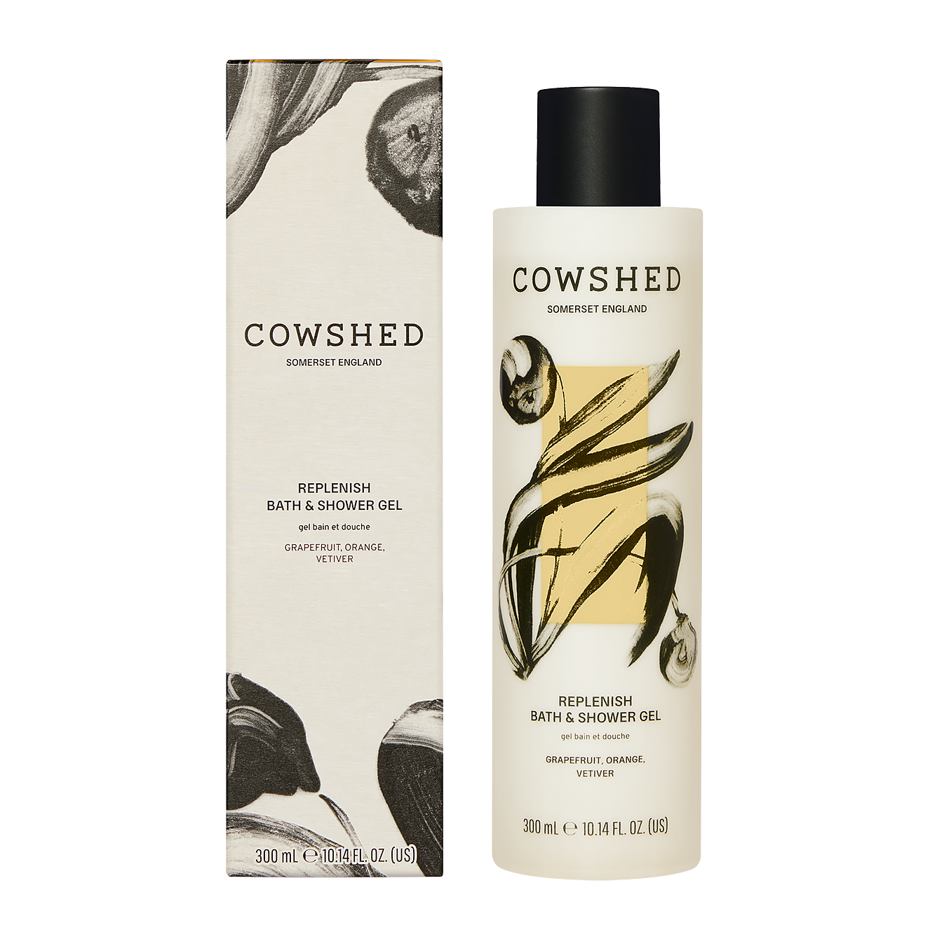 Cowshed replenish bath and shower gel with packaging on a white background