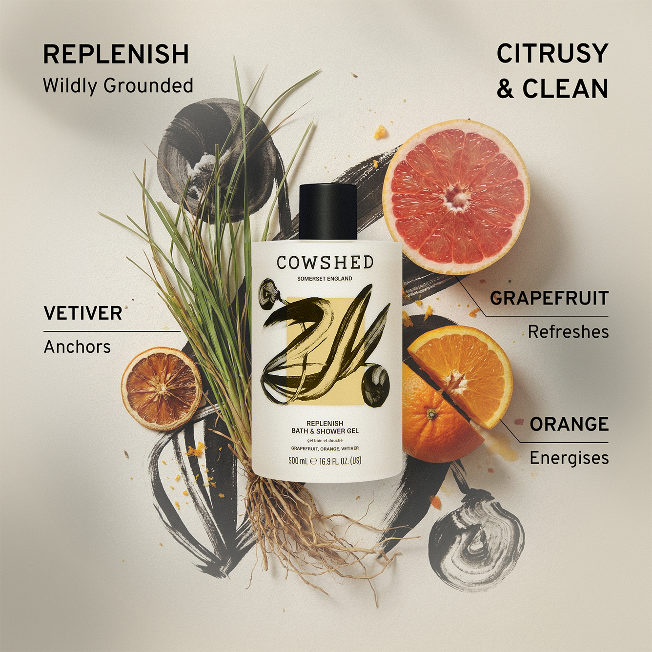 Cowshed product with botanical elements and text describing scents and ingredients on a light background