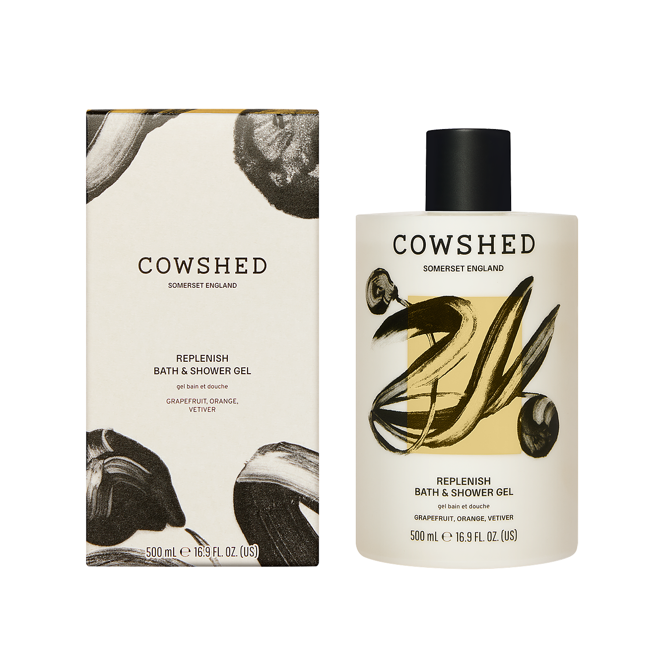 Cowshed replenish bath and shower gel with packaging on a white background
