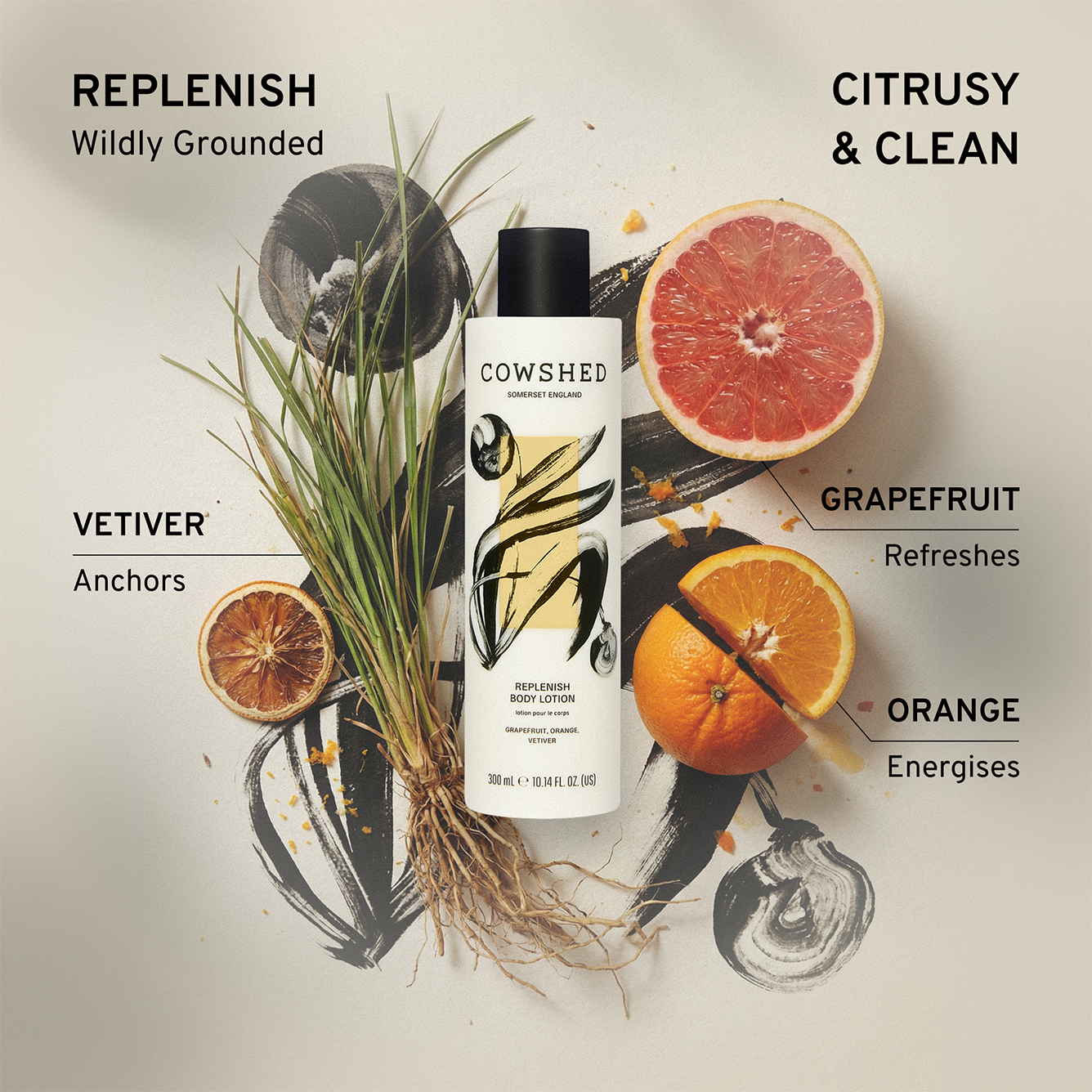 Cowshed replenish body lotion with botanical elements  citrusy and clean, and text on a light background