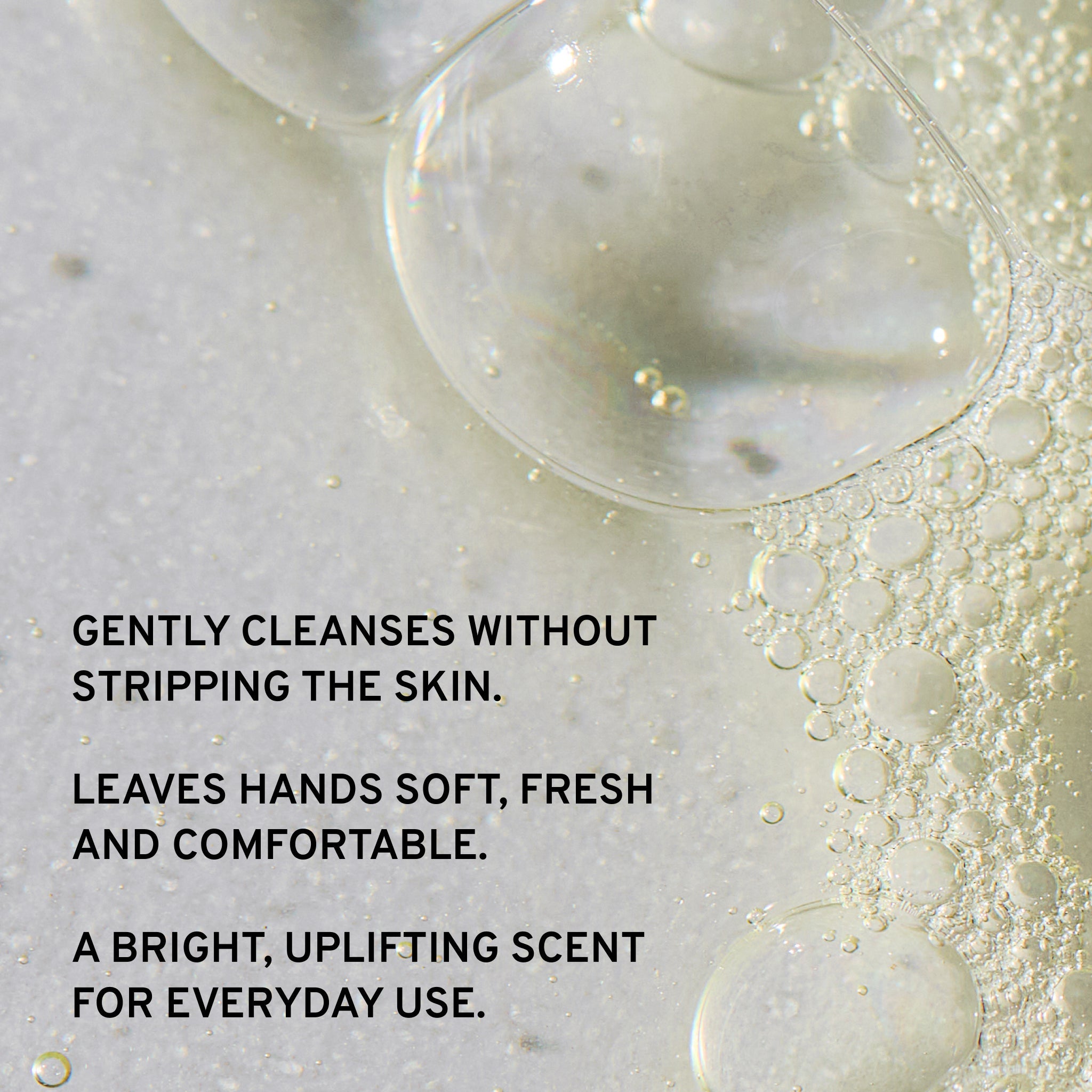 Refresh hand wash bubbles background with text explaining gentle, everyday benefits