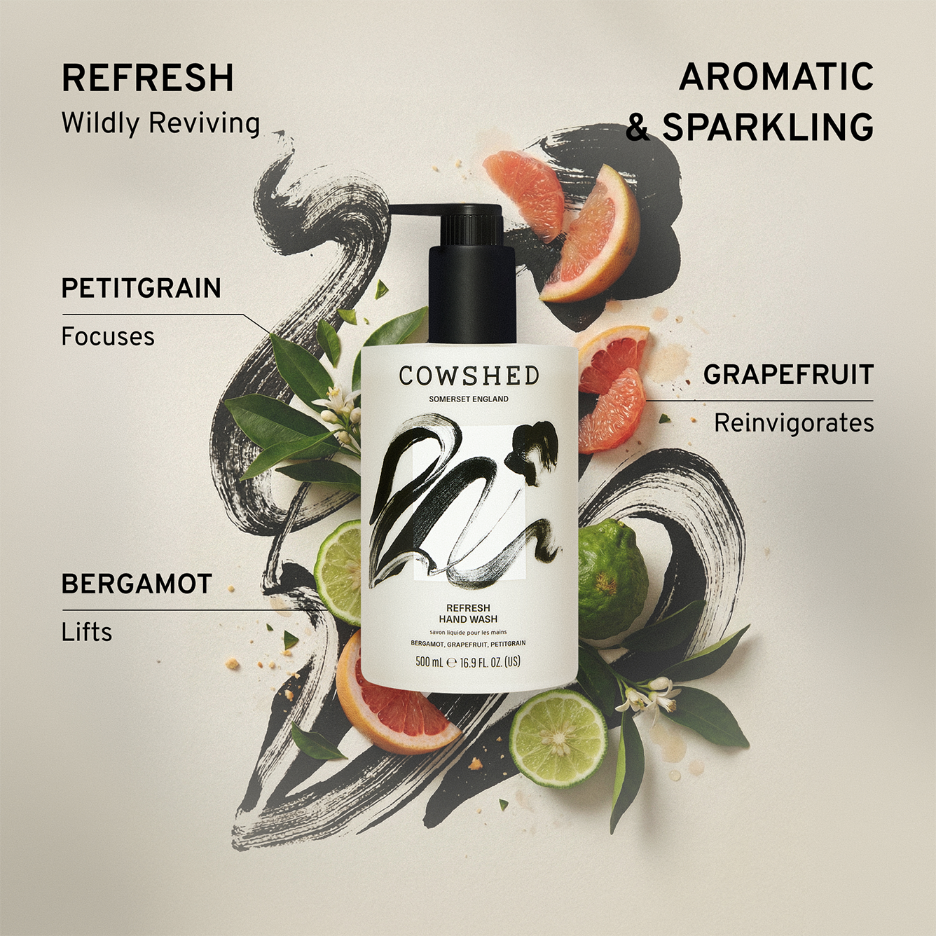 Cowshed Refresh hand wash 500ml with text explaining the aromatic & sparkling scent