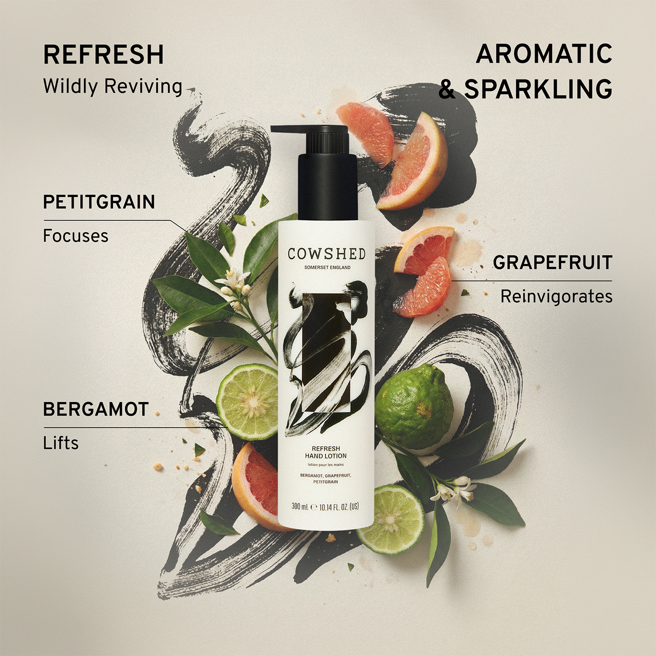 Cowshed Refresh hand lotion bottle with citrus fruits and text explaining the aromtic & sparkling scent