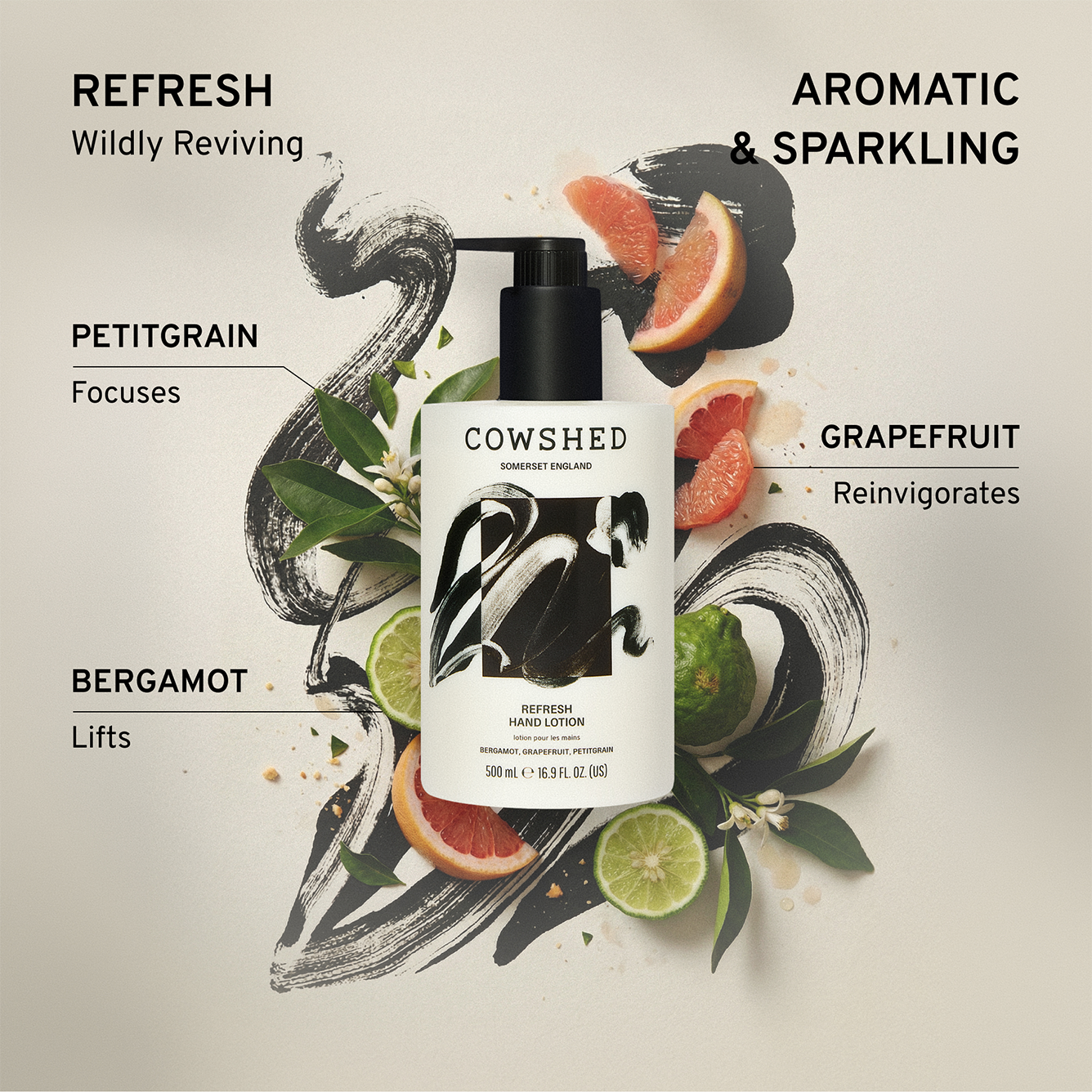 Cowshed Refresh Hand Lotion with text describing the petitgrain, grapefruit & bergamot