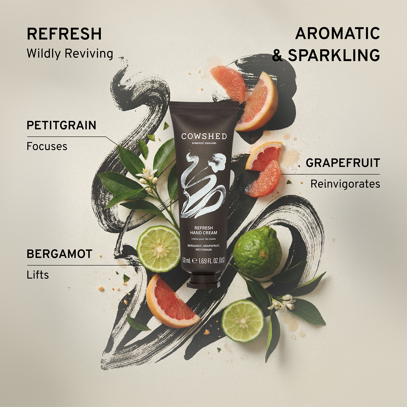 Cowshed hand cream with citrus fruits and text describing the reviving aromatic fragrance