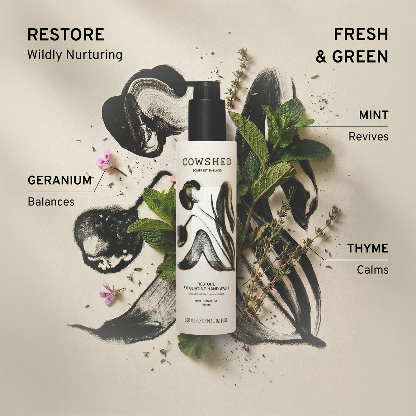 Cowshed exfoliating hand wash with text describing Restore fragrance notes