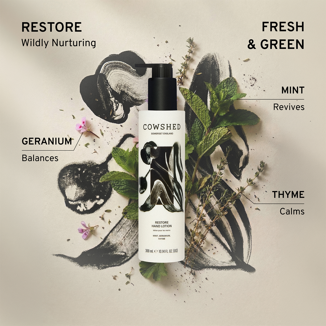 Restore hand lotion text describing the fresh & green scent