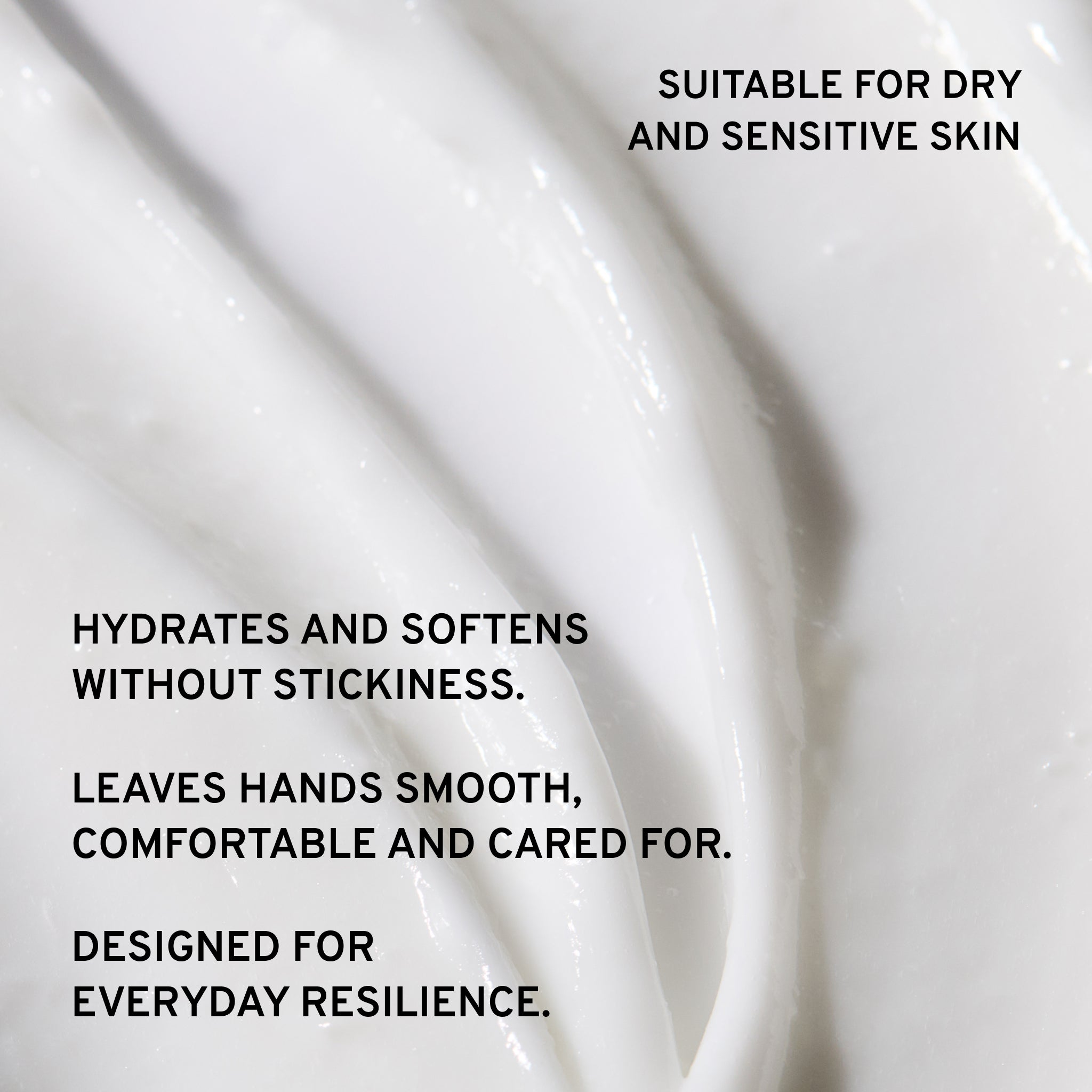 Restore Hand Lotion creamy texture with text describing the softening, caring benefits