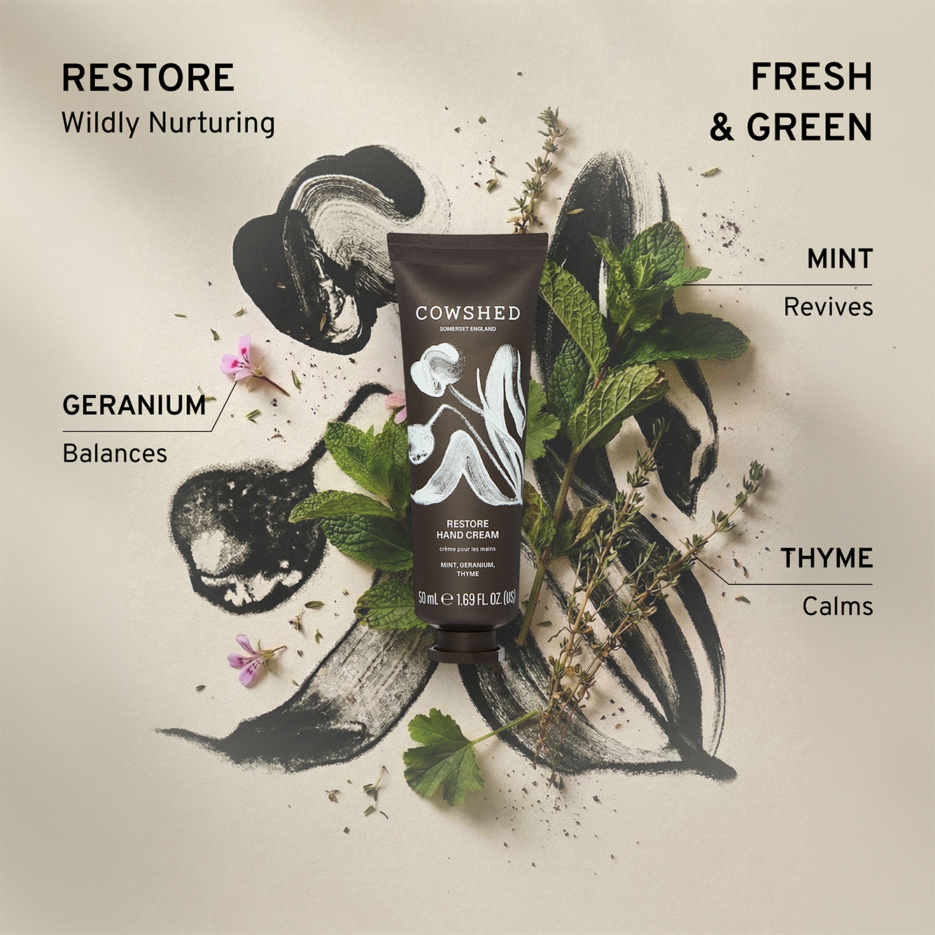 Cowshed Restore hand cream packaging & text explaining the fresh green scent
