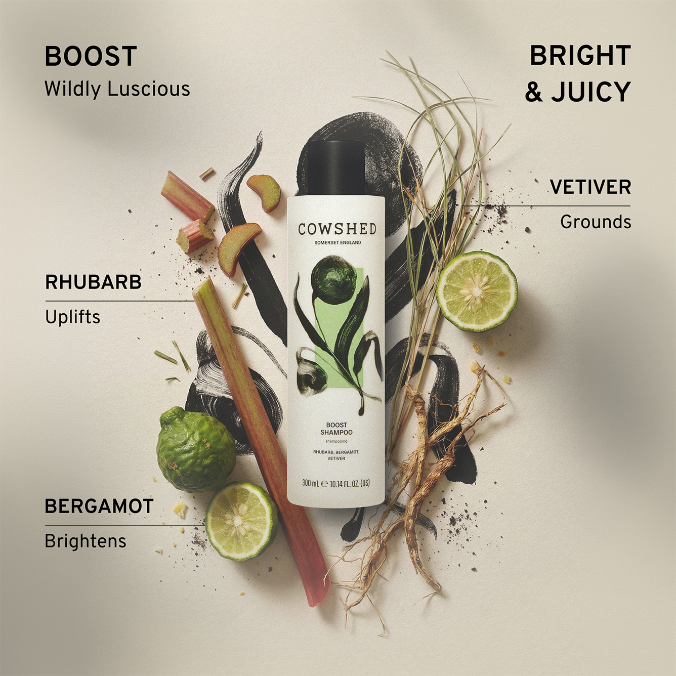 Cowshed Boost Shampoo 300ml with scent descriptions for Bergamot, rhubarb & vetiver