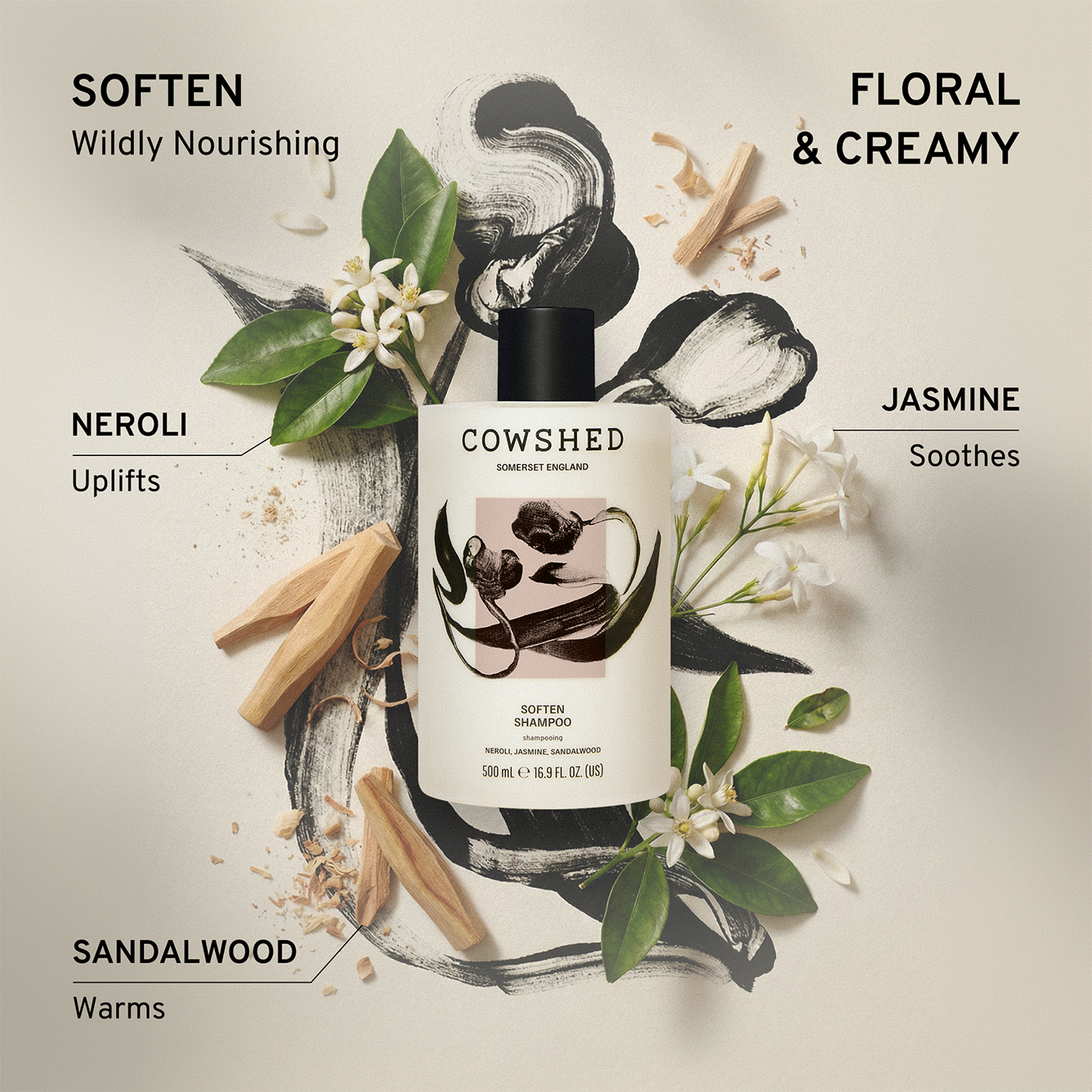 Cowshed Soften shampoo bottle with floral and botanical fragrance notes