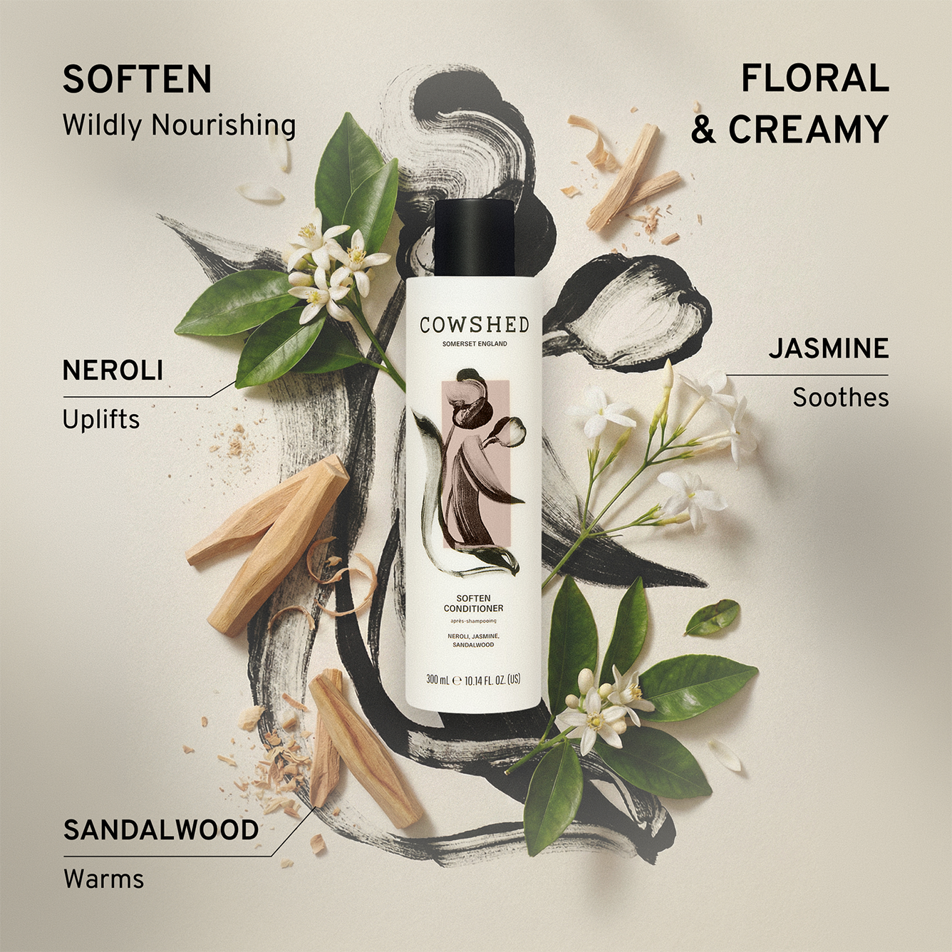Cowshed 300ml conditioner bottle with floral & botanical elements fragrance notes