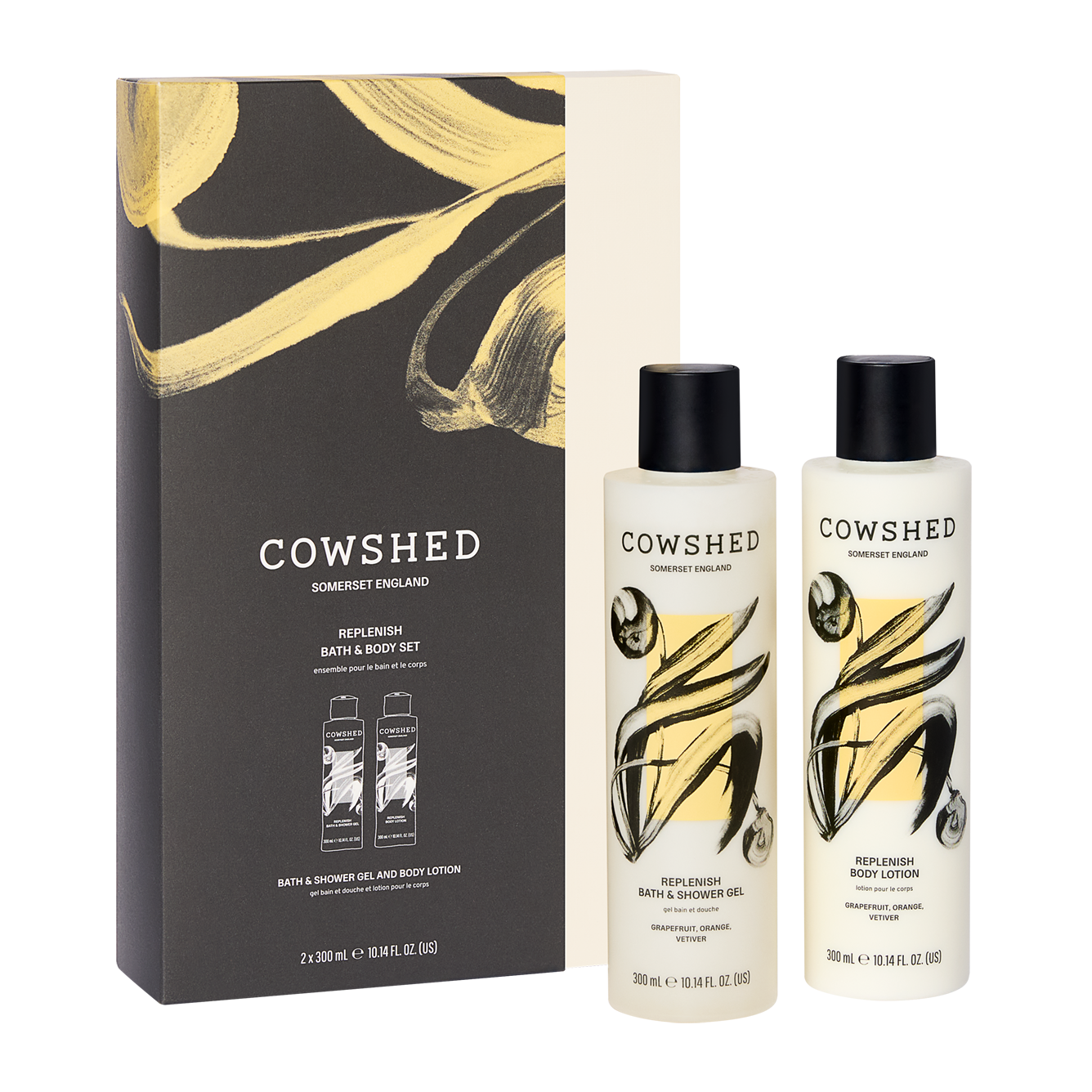 Cowshed Replenish bath & body set with two bottles and a gift box
