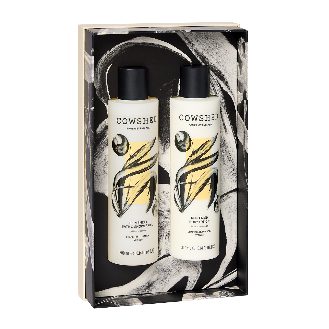 Cowshed body care set in a decorative black and white gift box