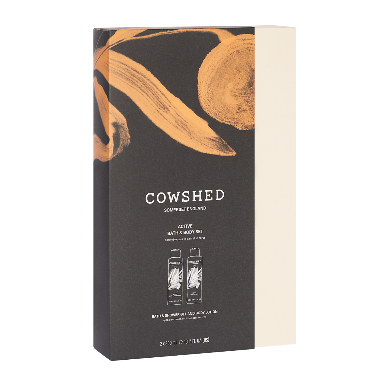 Cowshed Active bath and body set packaging with orange floral design