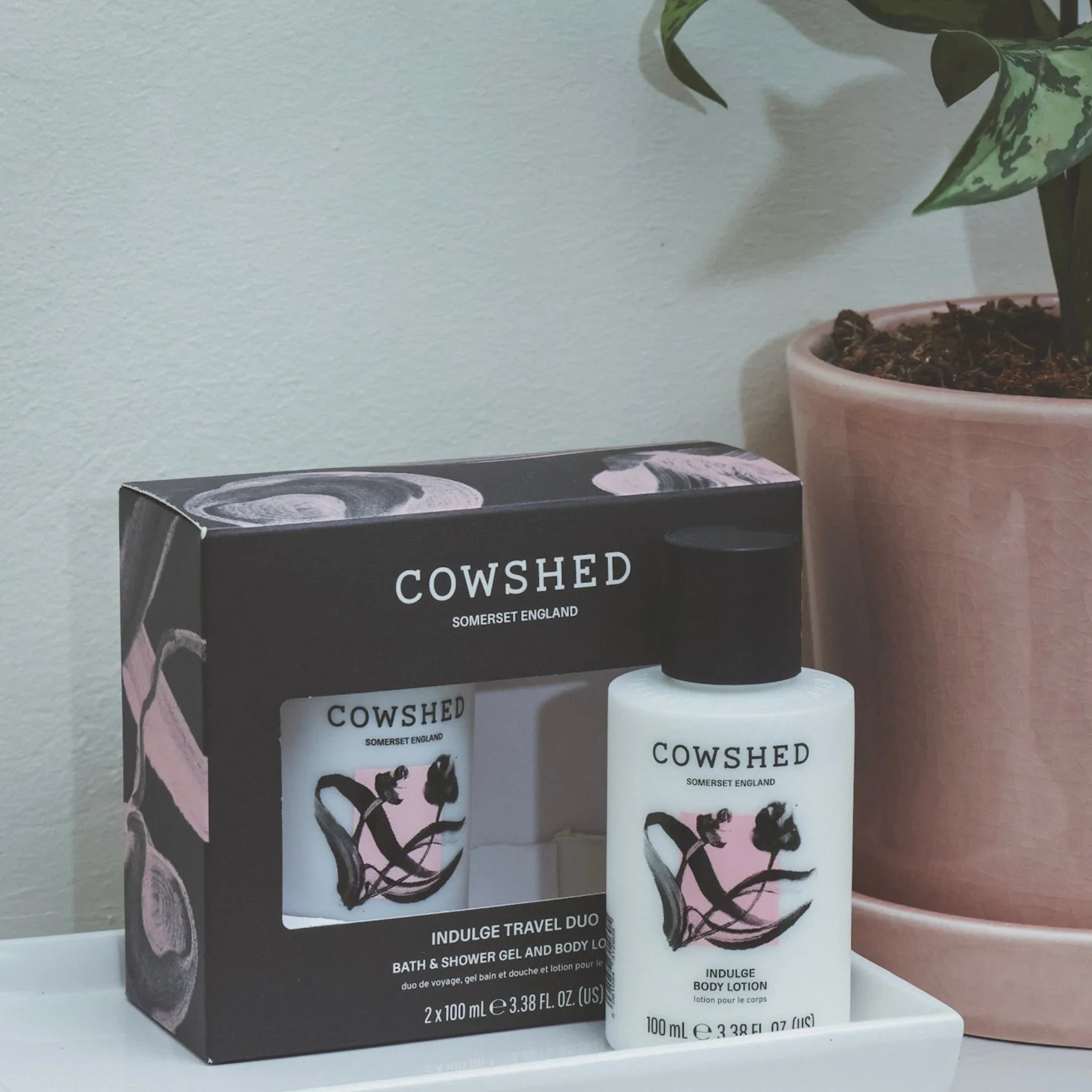 Cowshed product with packaging and a plant in the background