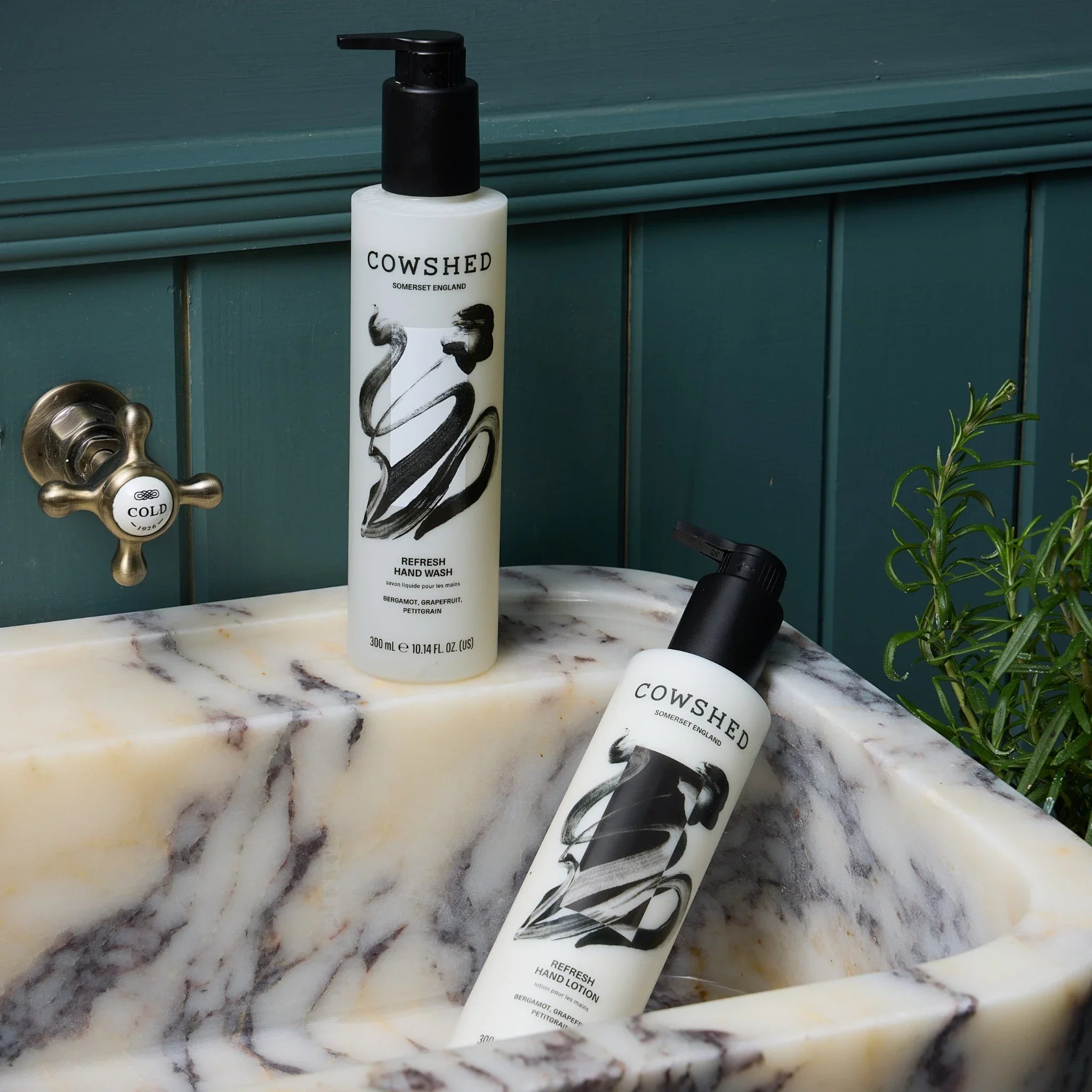 Cowshed Refresh hand care products in a black & white marble sink in Soho House