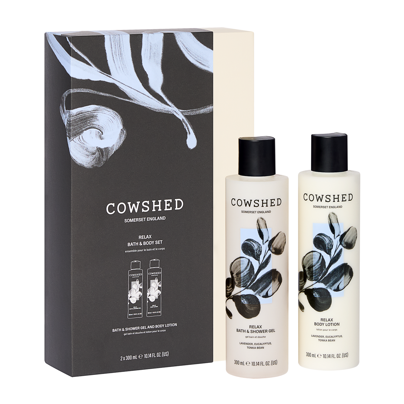 Cowshed Relax bath & body set with packaging, bath gel & lotion