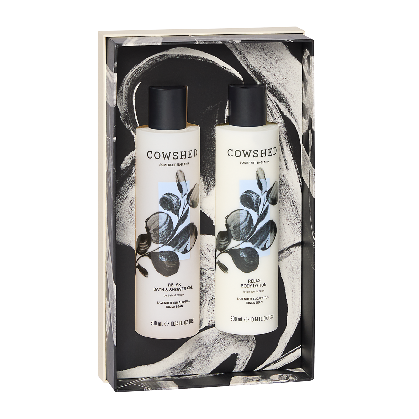Cowshed Relax body lotion and shower gel set in a decorative box with black and white design