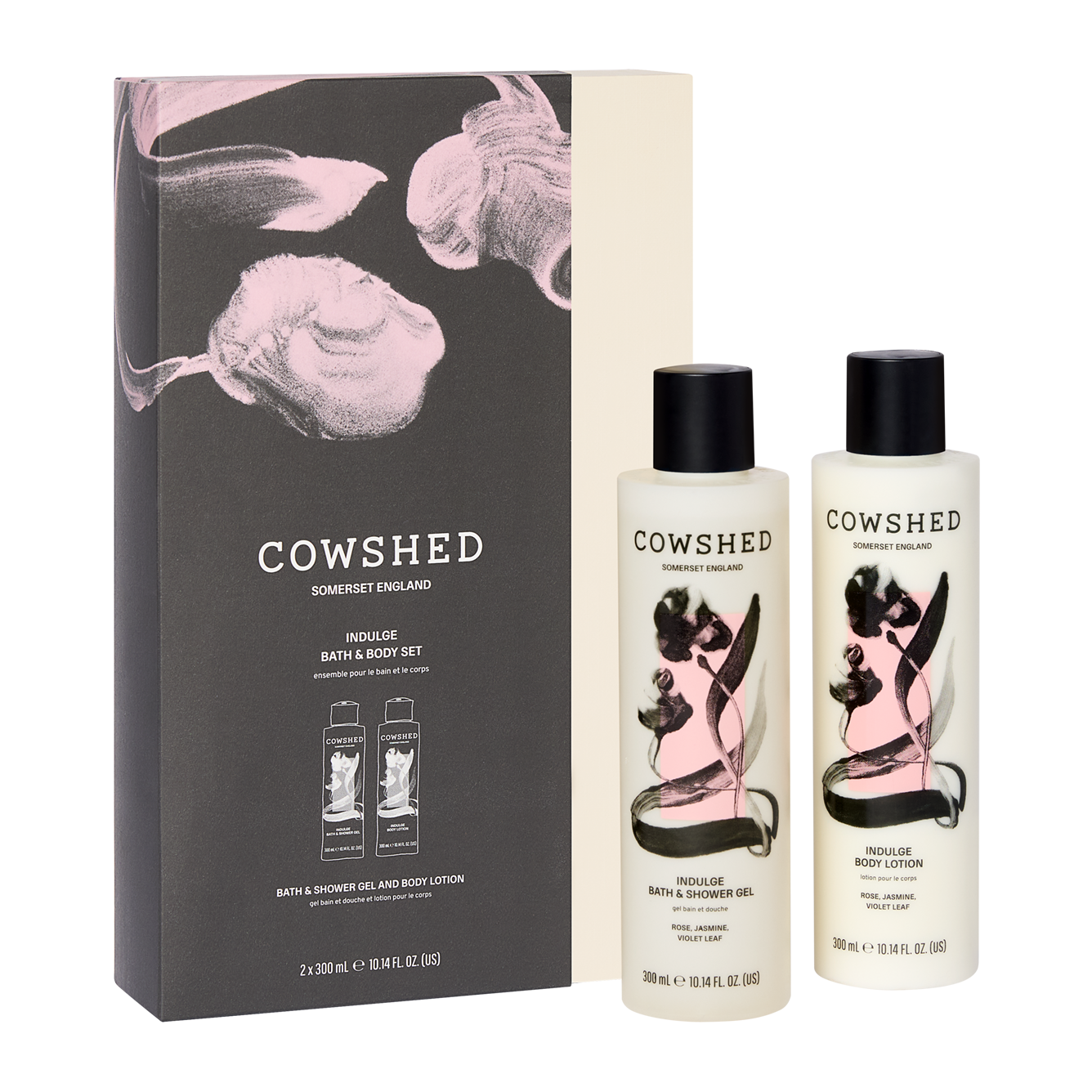 Cowshed rose scented bath & body set with packaging and two bottles 