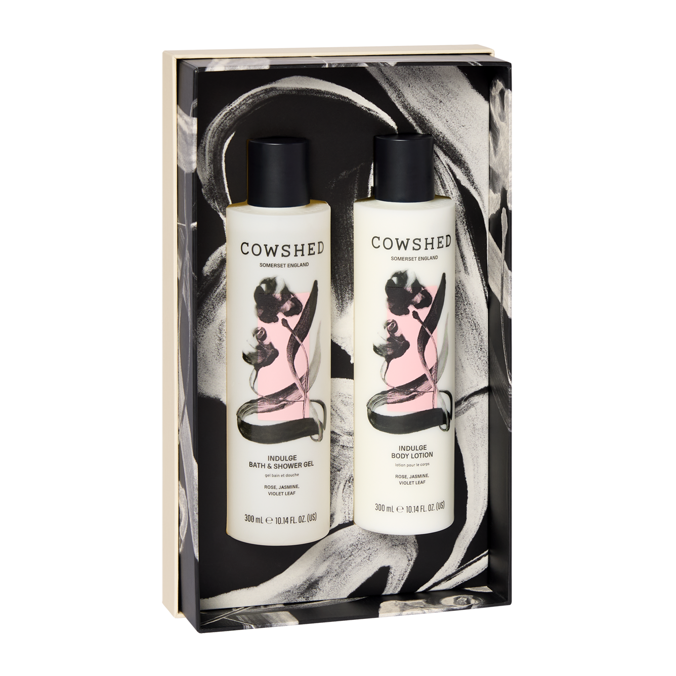 Cowshed body lotion and wash set in a rose scent placed in a decorative gift box