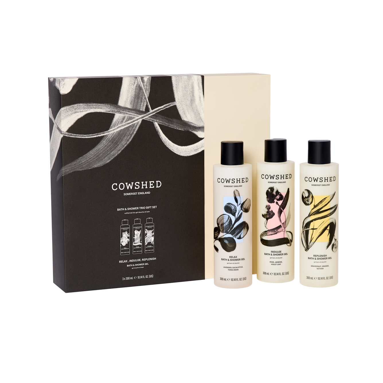 Cowshed bath and shower gift set with three bottles and a gift box