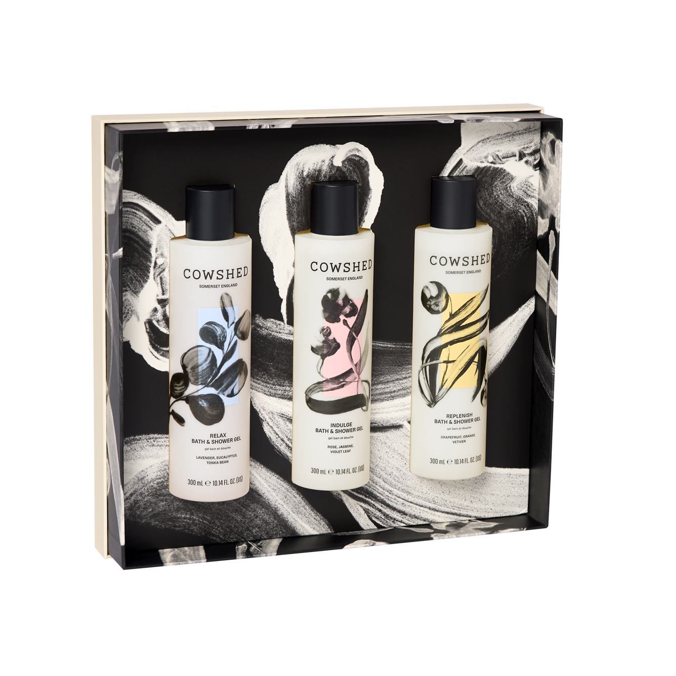 Cowshed bath and body set in a decorative box with black and white design