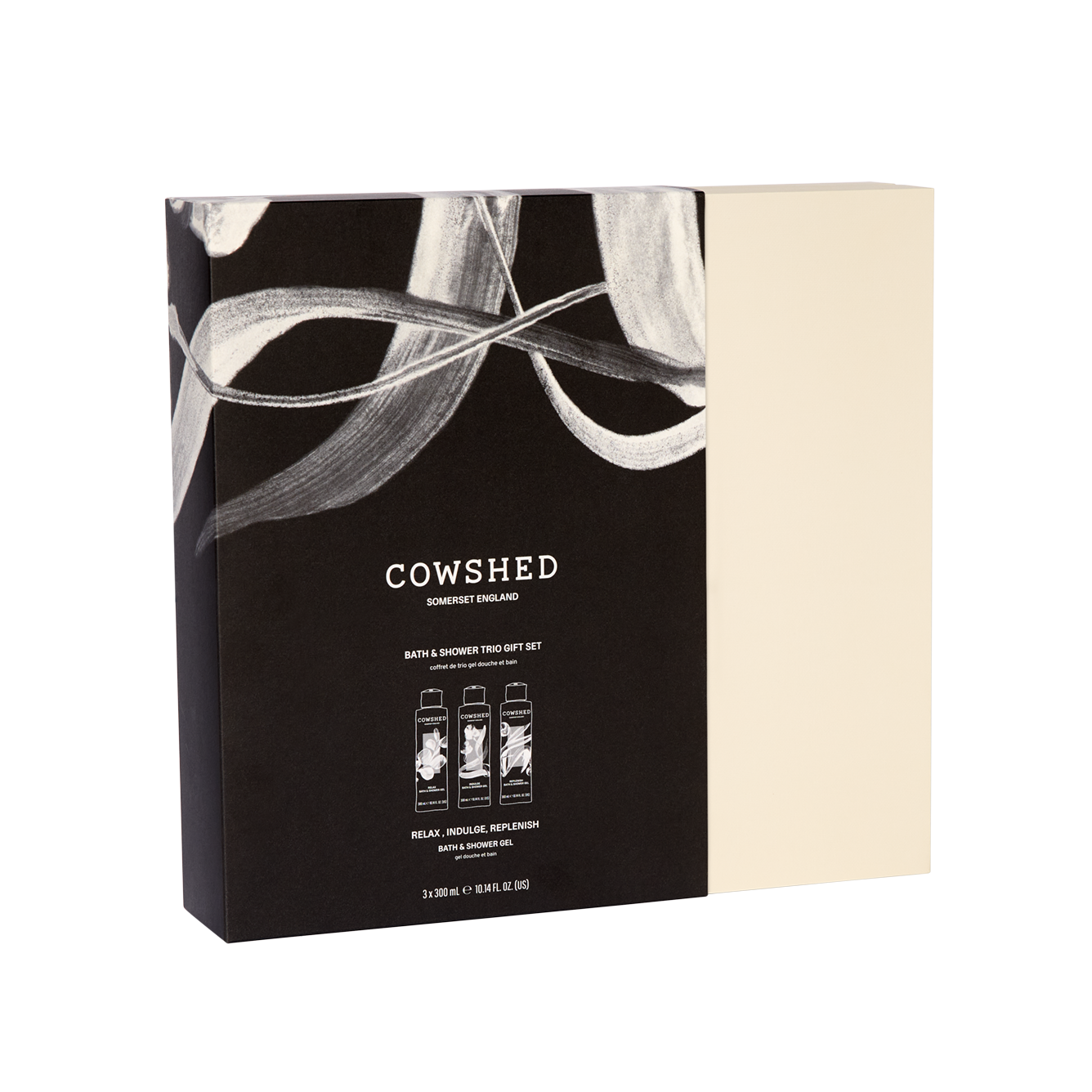 Cowshed bath and shower gift set packaging with black and white design