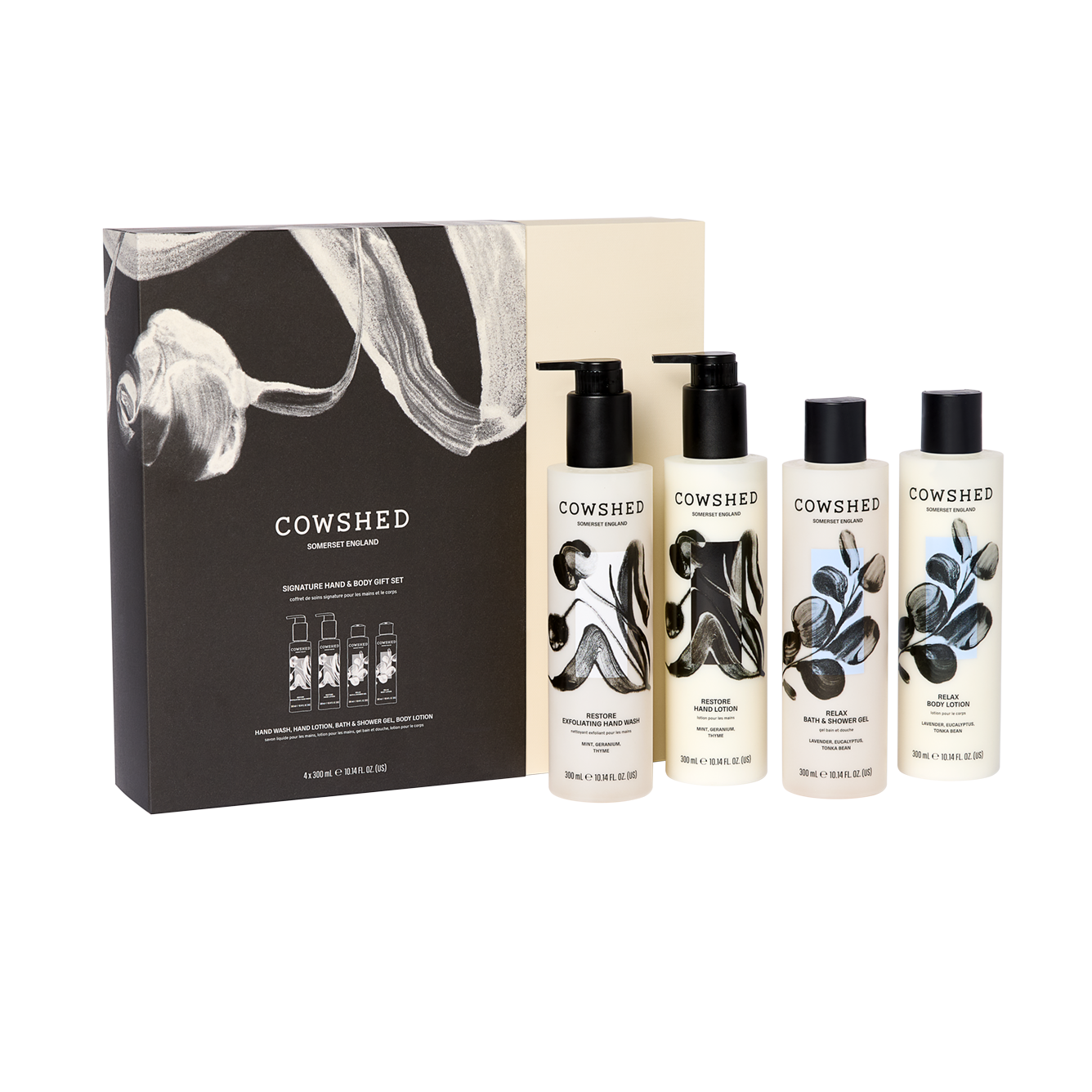 Cowshed product set with four bottles and a box on a white background