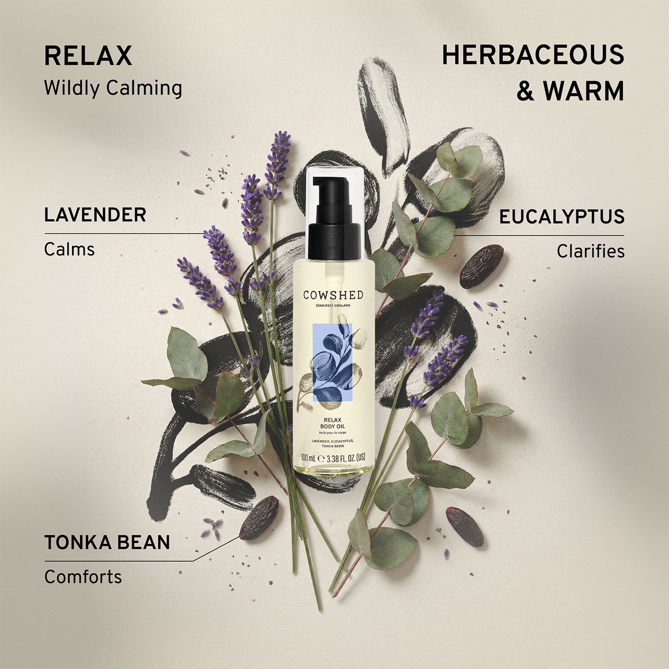 Cowshed Relax Body oil with lavender, eucalyptus, and tonka bean elements on a light background