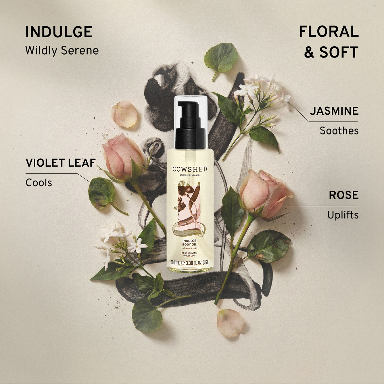 Cowshed Indulge body oil with botanical elements and text describing it's floral and soft scent
