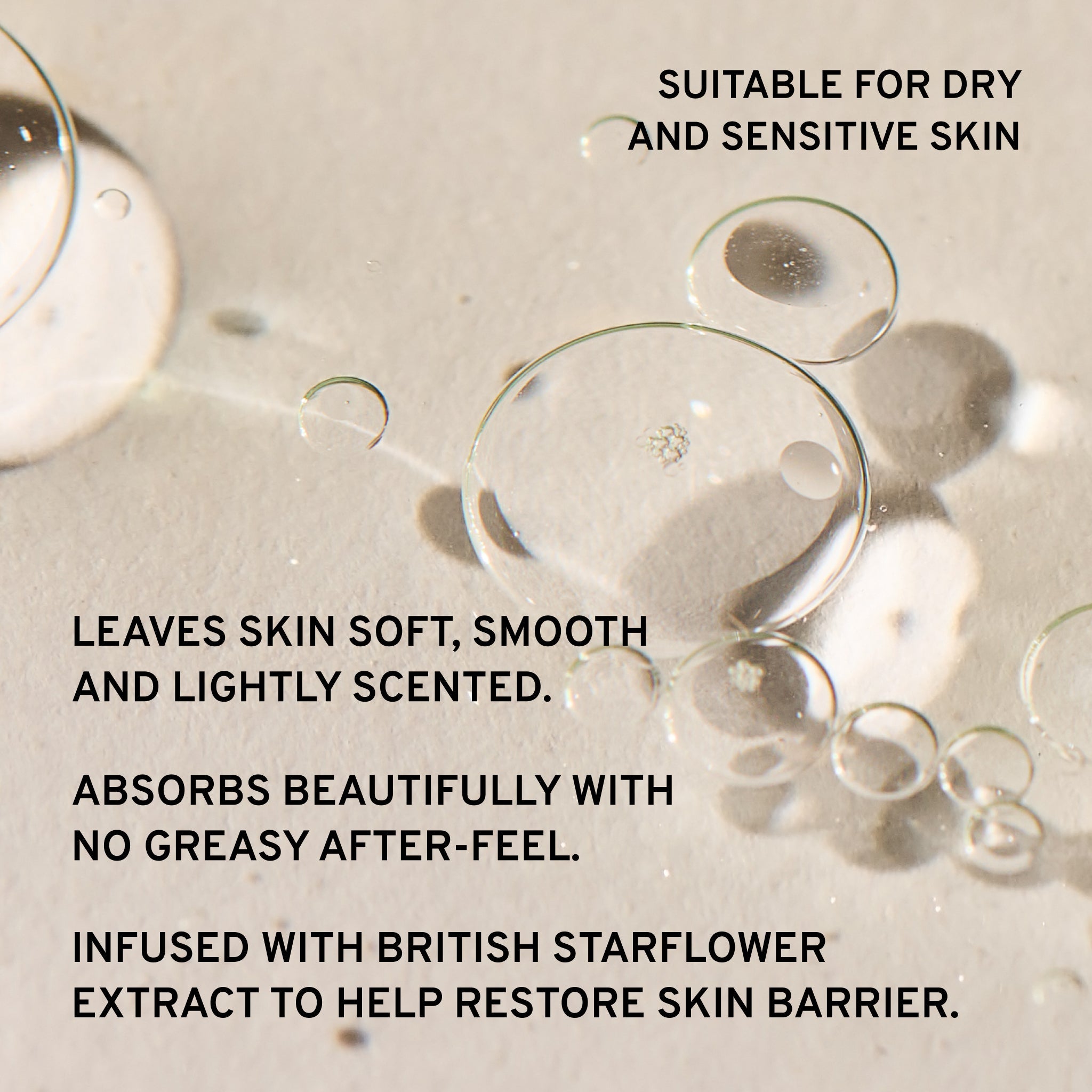 Product description for Cowshed body oil solution suitable for dry and sensitive skin with bubbles and text on a neutral background