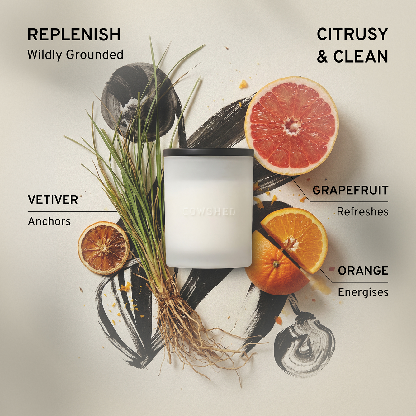 Candle with grapefruit and orange slices on a neutral background, labeled 'Replenish' and 'Citrusy & Clean'.