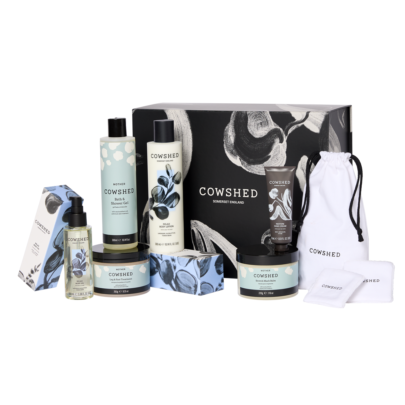 Cowshed skincare products including bottles, jars, and a pouch on a white background